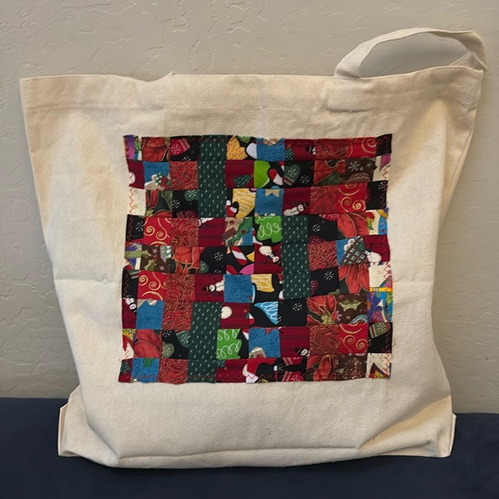 Christmas Themed Hand Crafted Upcycled reusable tote, with quilted top - Picture 2 of 5